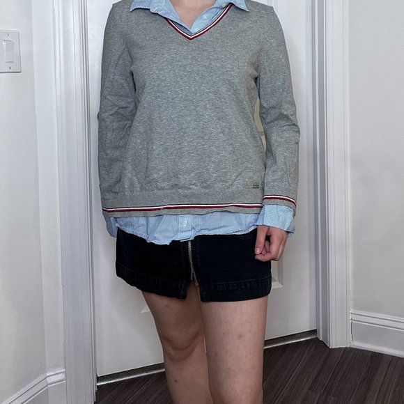 Tommy Hilfiger Collared Long-Sleeve Layered Sweater Top - Light Blue/Grey - L - Picture 2 of 7
